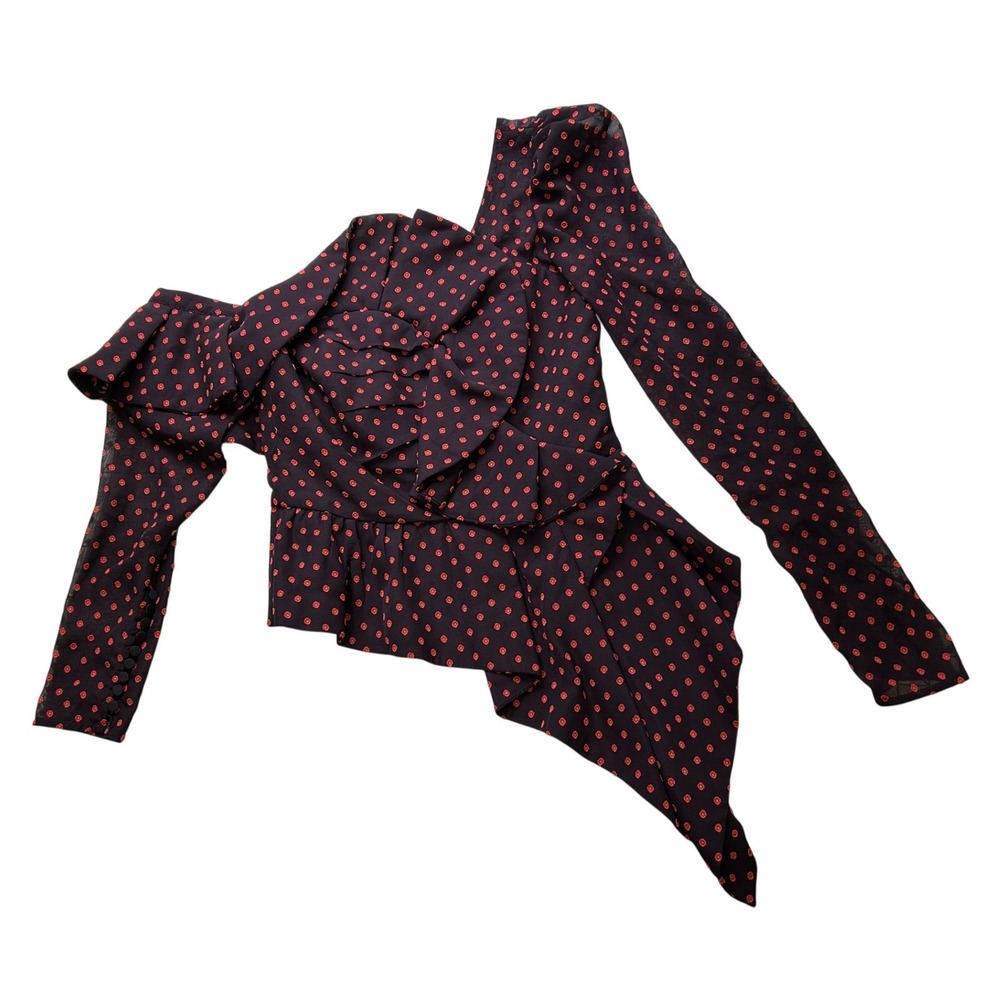 Self-Portrait US 4 Asymmetric Ruffle Polka Dot Top Navy Red One Shoulder Peplum